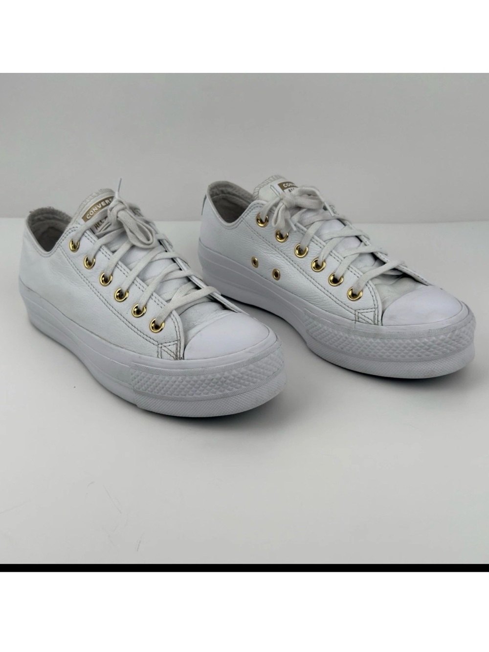 Converse Chuck Taylor All Star Lift Ox Womens 8.5 White Leather Gold Platform - Picture 3 of 13